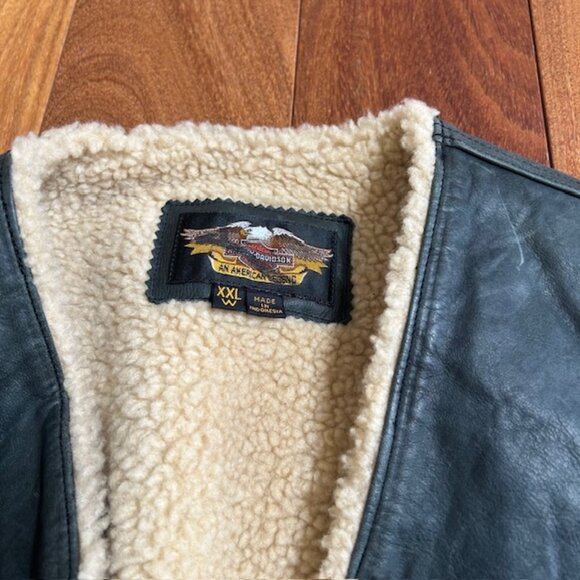Harley Davidson Black Leather biker zip-up sherpa vest - Picture 2 of 5